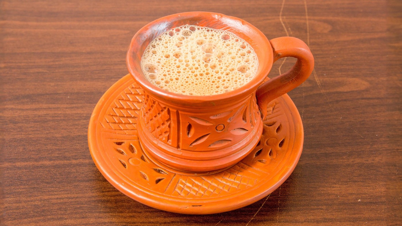 Masala chaa served in a carved terracotta clay cup